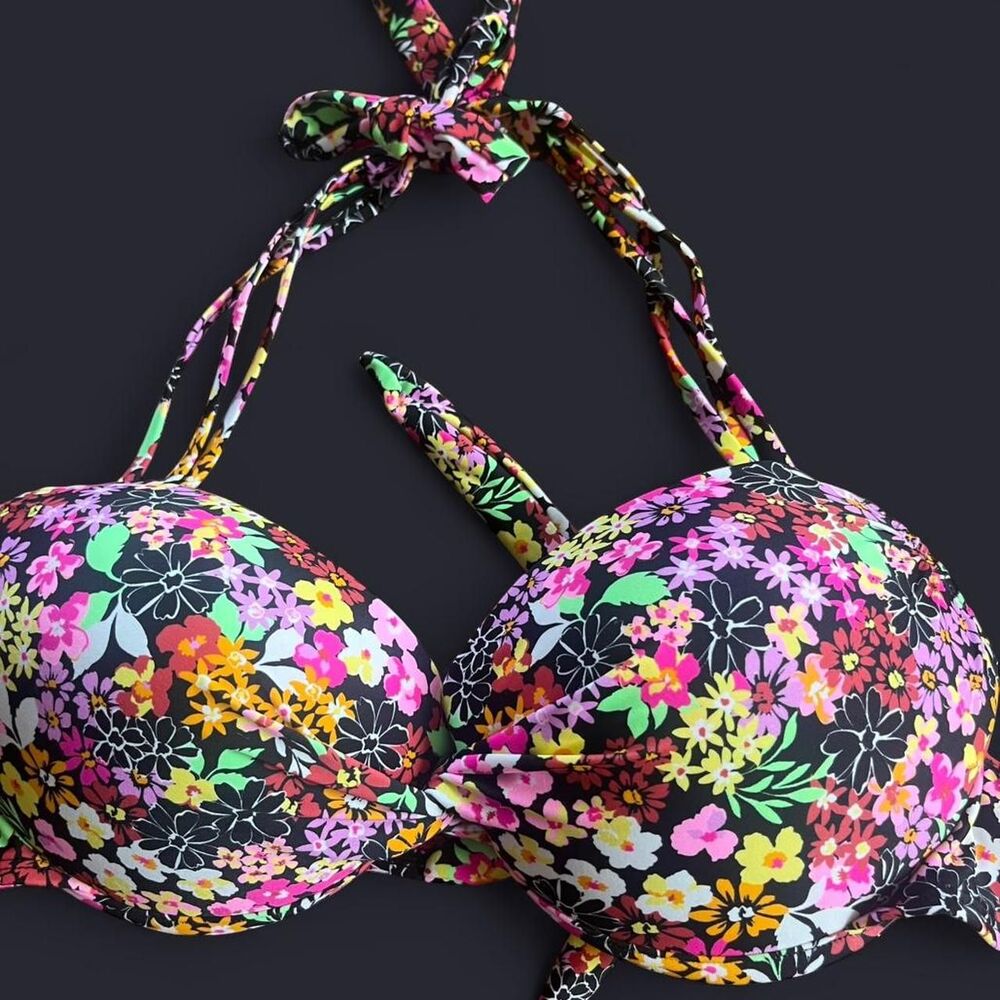California Waves Women's Floral Black Multicolored Push Up Swim Top SZ XL